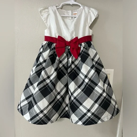 Gymboree Girls Holiday Plaid Dress 4T Black White Red Bow Christmas Party Tulle