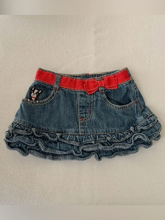 2009 Gymboree Poppy Love Boston Terrier Puppy Dog Embroidered Denim Skirt 18-24M