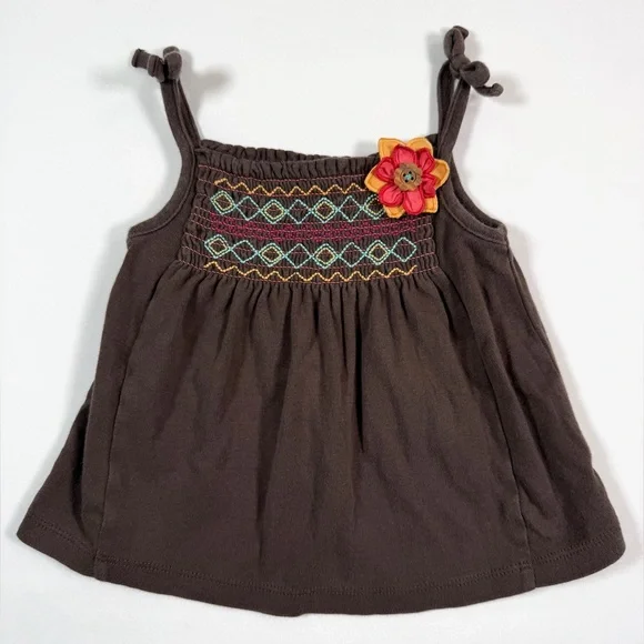 GYMBOREE Baby‎ Dress Smocked Embroidered Floral Brown 6-12M Boho Cottagecore