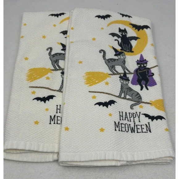 2 Nogovratz Happy Meoween Halloween Kitchen Towels‎ 100% Cotton Black Cats Bats