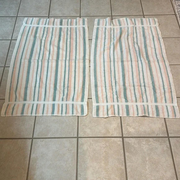 Pair of Caress Striped Vintage Towels in White, Peach, and Teal Cotton