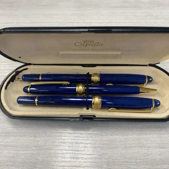 Vintage Capella 3 Piece Blue Marbleized Pen & Calligraphy Set With Box