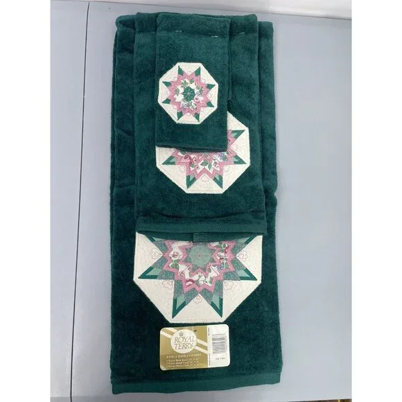 Vintage Royal Terry 3 Pc Bath Towel Set Ensemble Quilted Star Embroidered Green