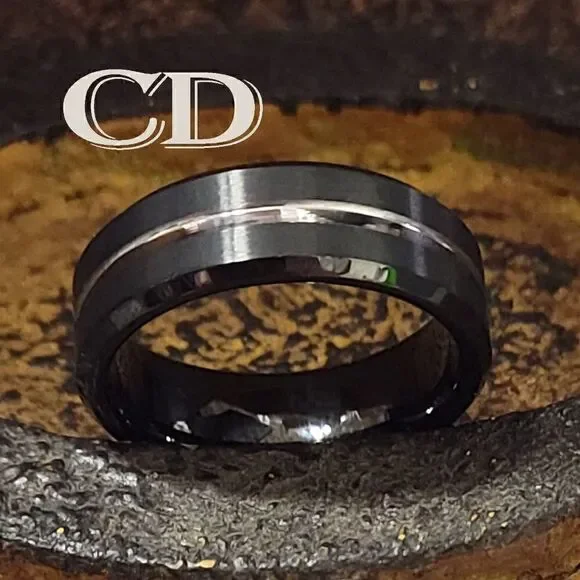 Men's Real Black Tungsten Wedding Ring With A Silver Filled Center Groove