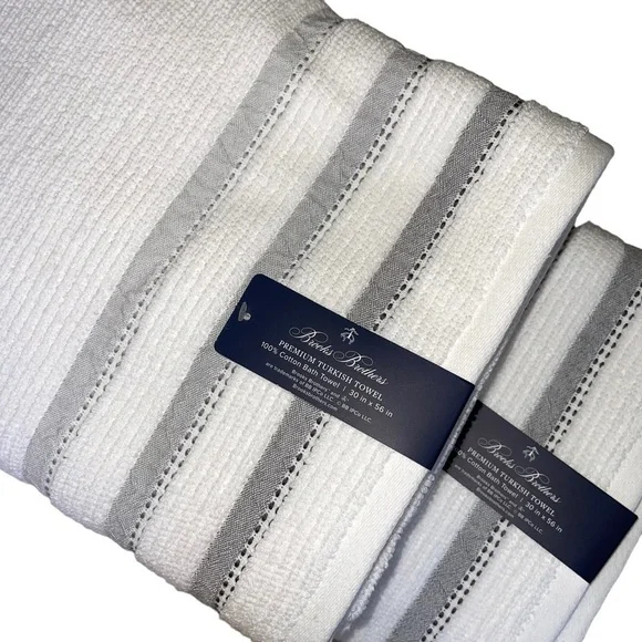 Brooks Brothers Set of 2 Turkish Bath Towels White with gray stripes NWT