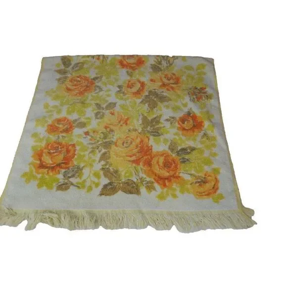 Vintage Canon 70s Bath Towel Yellow Orange Cotton Fringe Hollywood Regency
