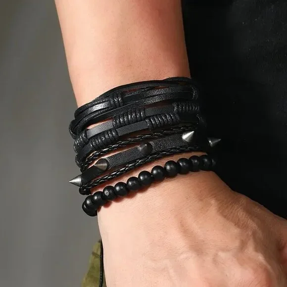 Stackable Cuff Bracelet Leather 4pc Black Spike Beads Goth Edgy Rock Statement