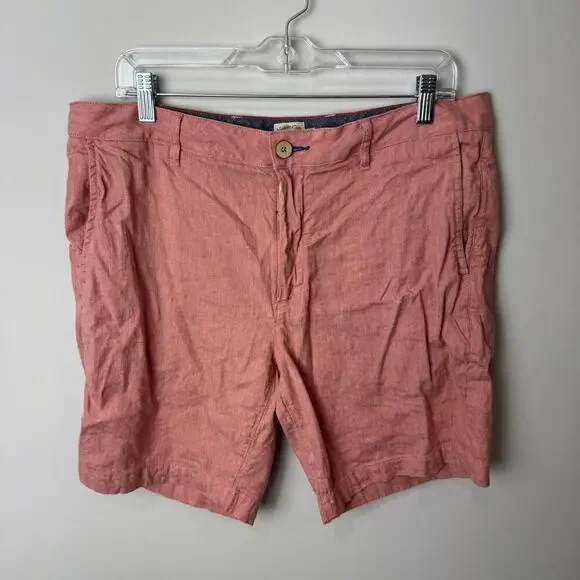 Faherty Men's Linen Blend Flat Front Short - Size 35 - Coral Color