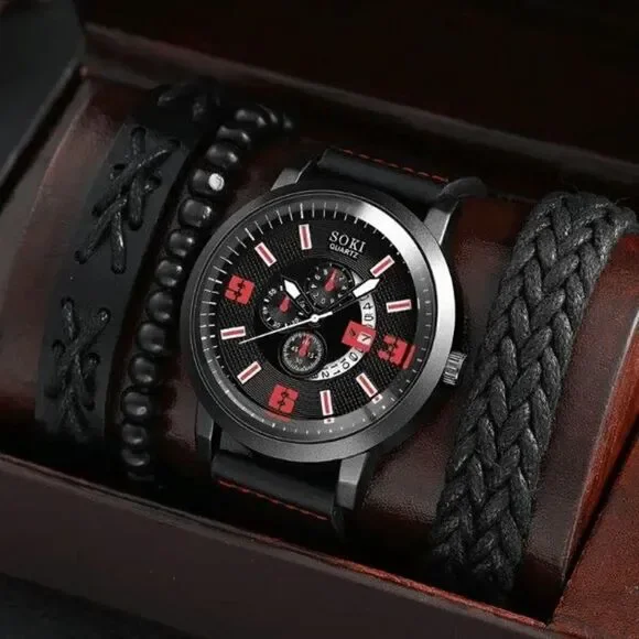 BLACK RED LEATHER QUARTZ STAINLESS STEEL WATCH AND LEATHER BRACELETS