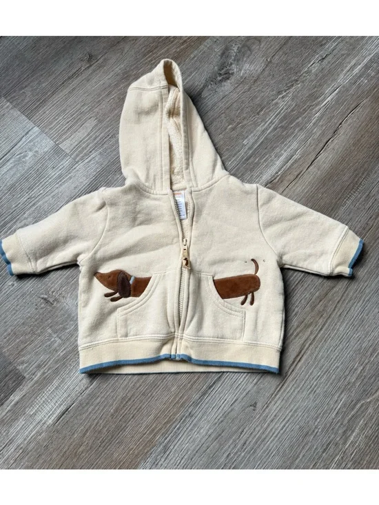VTG GYMBOREE 3-6 Mo Full Zip Dog Hoodie Embroidered Tan Cream Brown Blue Baby