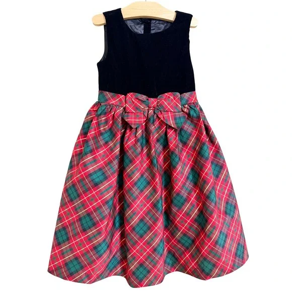 Gymboree Plaid Holiday Dress Girls 7 Red Green Velvet Bodice Bow Christmas