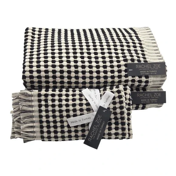 Rachel Zoe 4pc Turkish Cotton Towel Set Black Ecru Raised Dots 2 Bath 2 Hand