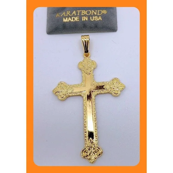 Karatbond Vintage Y2K Gold Ornate Fleur-de-lis Cross Pendant Made in USA NOS