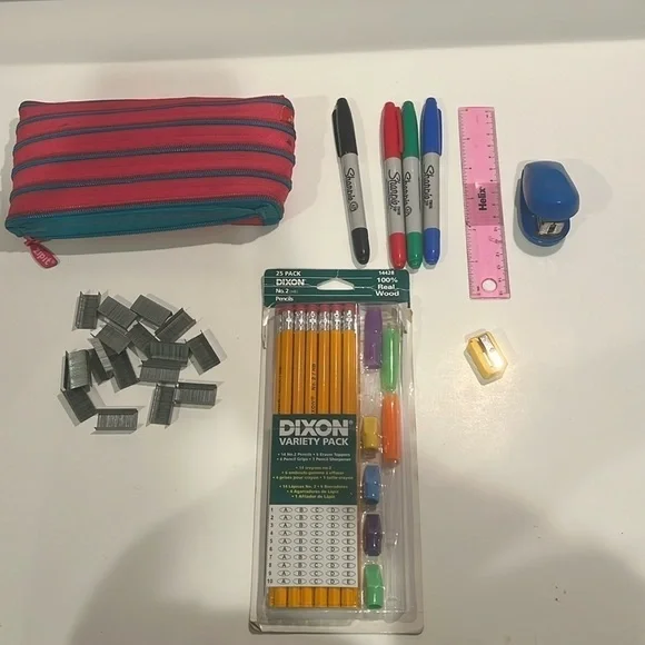 Zipit Pencil Case, Dixon Pencil Variety Pack, Sharpie Pens, Ruler & Mini Stapler