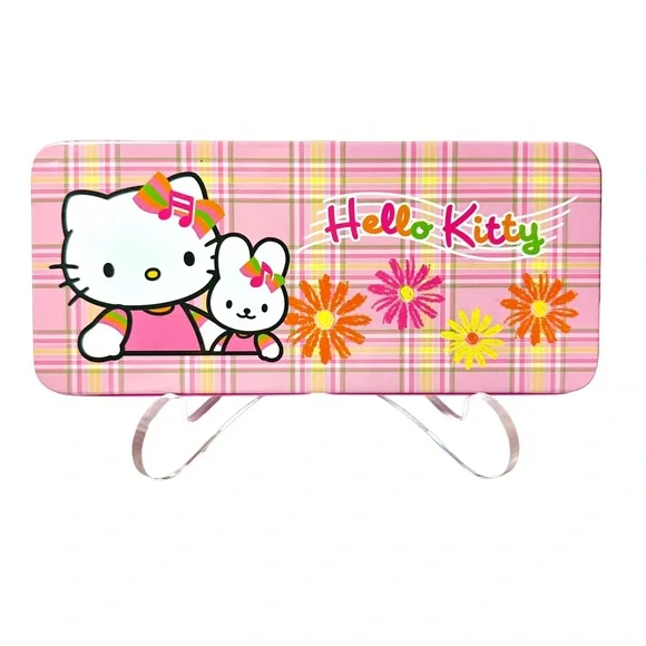 Vintage Sanrio Metal Pencil Box Plaid Daisy Pink Yellow Music Hello Kitty 2002