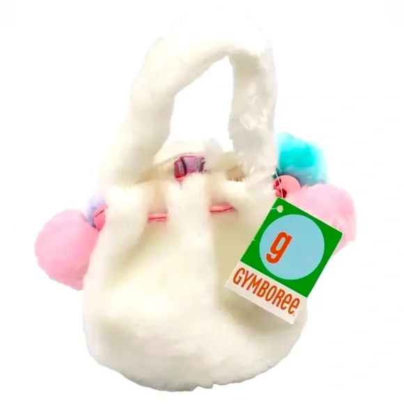 Vintage Gymboree Plush Purse Fuzzy Pouch Basket White Multicolor Puff Balls
