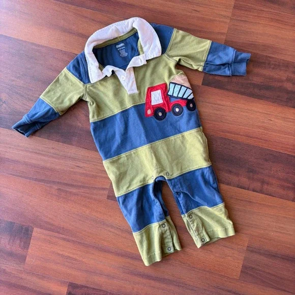 Gymboree Baby Boy Rugby Romper Blue Green Dump Truck Construction 6-12 Months