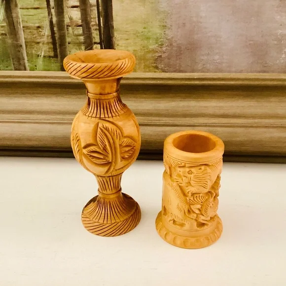 Handcrafted Carved Wooden Vase Pencil Holder Gift Set Of 2 Office Décor Vintage