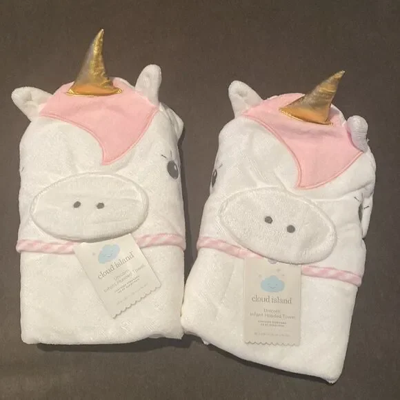 Cloud Island White Unicorn Infant Hooded Towel 30”x30” Bundle NWT