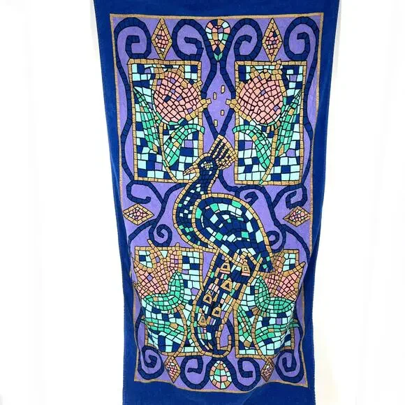 Vintage Franco Brazil Mosaic Stained Glass Print Cotton Beach Towel Peacock #2