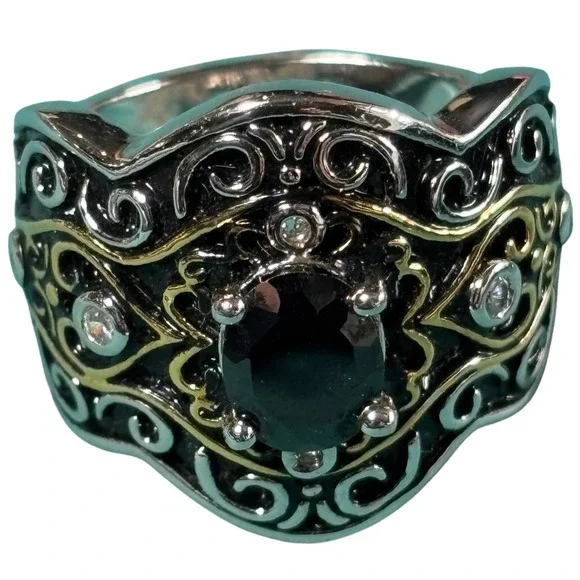 Mens Two Tone Filigree Scroll Black Onyx Statement Ring Size 10.5 Gothic Biker