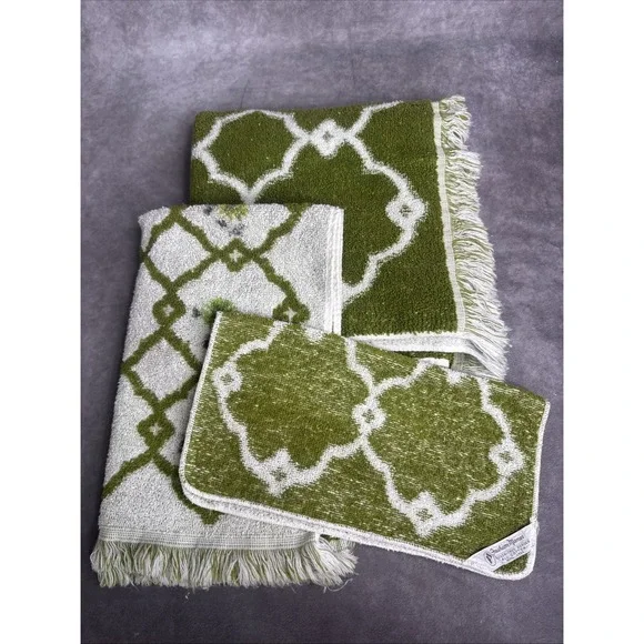 Fashion Manor‎ Green & White Vintage Floral Fringe Towel Set Cotton Retro