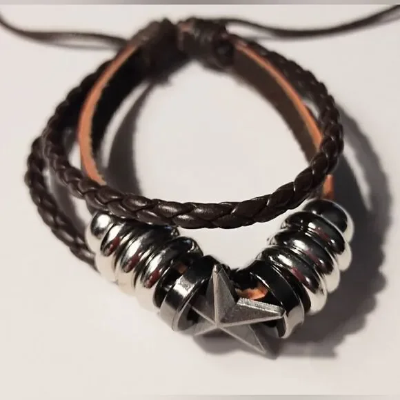 Men's bracelet leather star braided layered brown‎ new d85