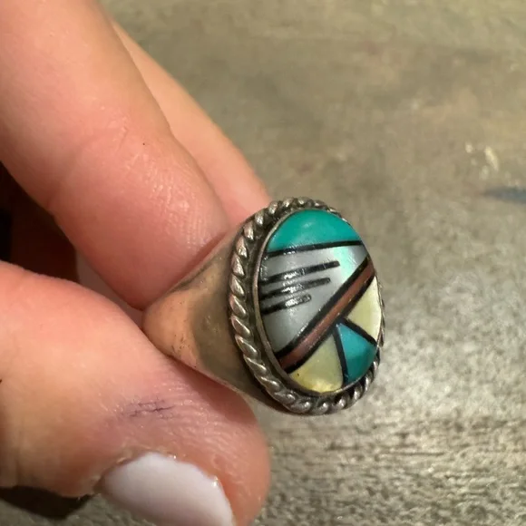 Multi Stone Zuni Inlay Sterling Size 11 RIng 7.4g