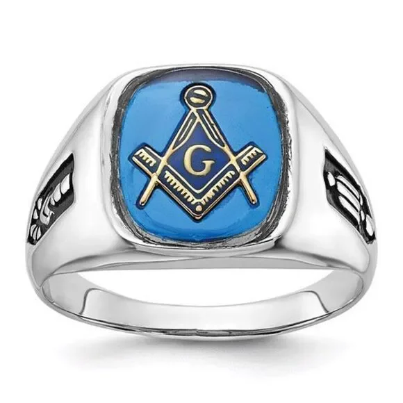 10k White Gold Men's Black Enamel and Imitation Blue Spinel Masonic Ring: