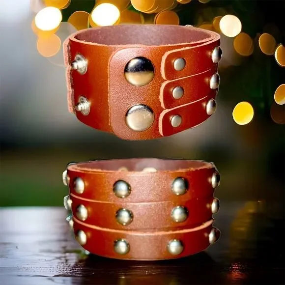 Leather Cuff l 3-Row Rivet l In Brown &. Black l Soft PU Band l Unisex l New