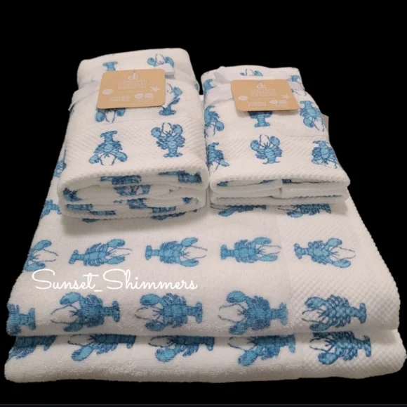 6pc Coastal Blue Lobster Bath Hand Tip/Washcloth Towel Set Deborah Connolly New