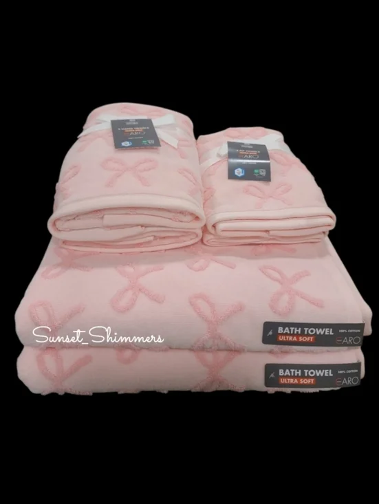 Caro Home 6pc Pink On Pink Coquette Bows Cotton Towel Set 2 Bath 2 Hand 2Tip NEW