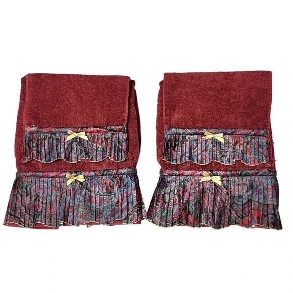 Martex Vtg Towel‎ Set Pleated Paisley Burgundy Bath Hand Floral Cottage 80s 90s
