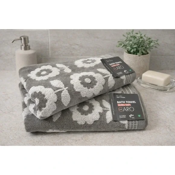 Caro‎ Home Ultra Soft 100% Cotton 2Pc Bath Towels Gray White Daisy Flower Print