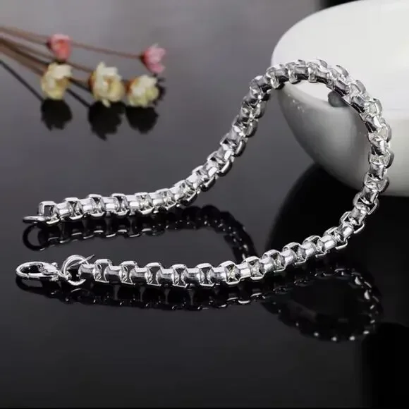 925 Sterling Silver Bracelet 4mm Round Box Chain Unisex Valentine Birthday Gift