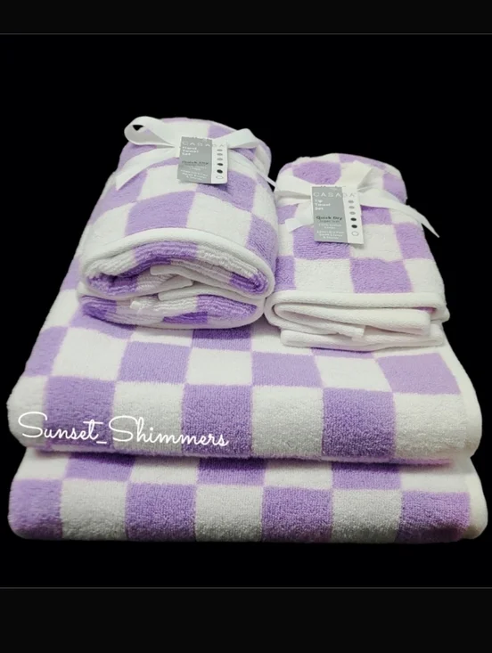 6pc MACKENZIE Style PURPLE White Courtly Check Bath Hand Tip Towel Set Casaba