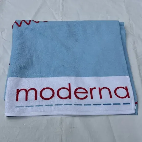 Moderna Bath Beach Towel Pharmaceutical Pharma Promo 34x58” Preowned