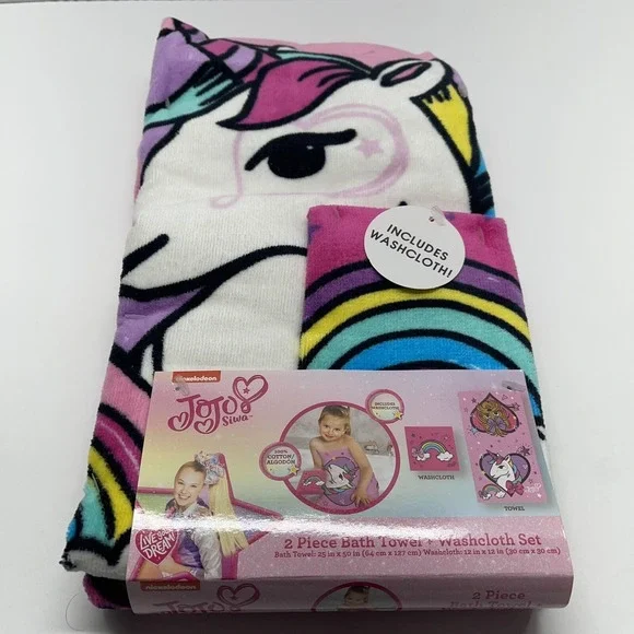 JoJo Siwa 2 Piece Bath Towel & Washcloth Set‎ by Nickelodeon NEW with Tags