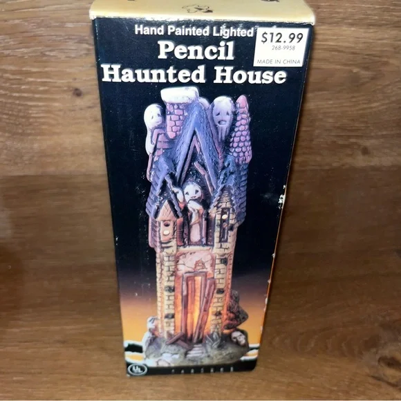 Hand Painted Lighted Pencil Haunted House NIB