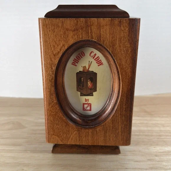 RETRO WOOD PHOTO PICTURE FRAME ROTATING DESK CADDY PENCIL HOLDER 2x3 OVAL 4 Pics
