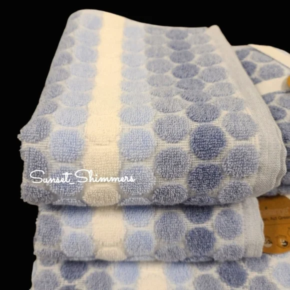 6pc ECO Melange 2 Bath 2 Hand 2 Tip Towel Set Blue Ombre Dot Stripe New