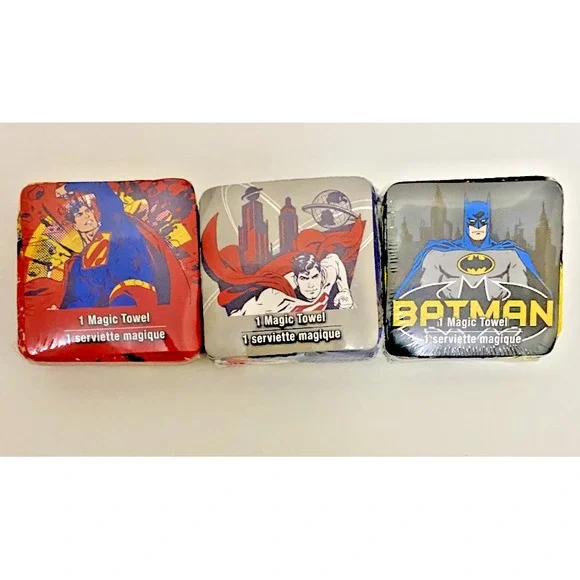 SUPERMAN BATMAN Lot of 3 Magic Towels 100%‎ Cotton Washcloths 11.75