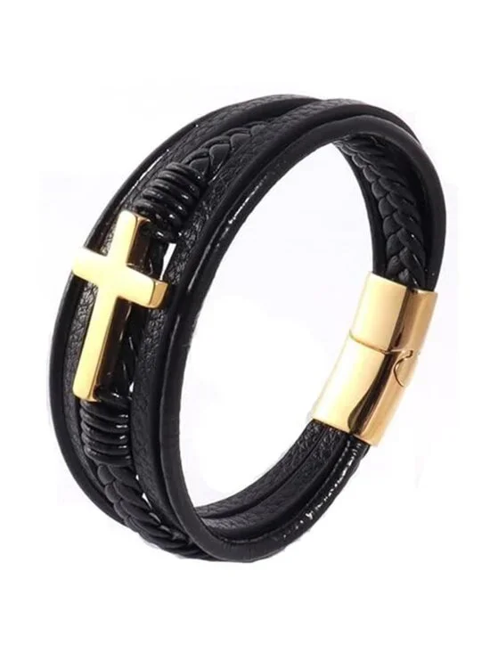 Stainless Steel Braided Leather Bracelet for Men Cuff Bangle Cross Magnetic