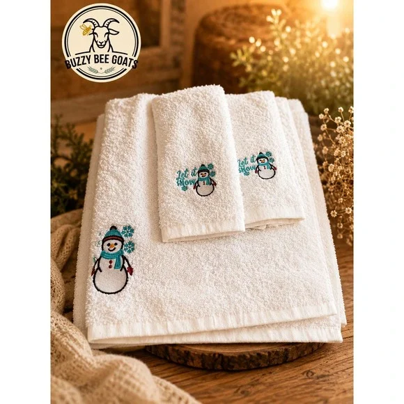 SNOWMAN EMBROIDERED BATH TOWEL SET 3 PIECE CHRISTMAS HOLIDAY BATHROOM