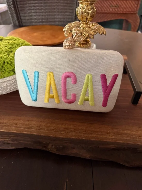 Canvas 'VACAY' Embroidered Clutch Multicolor