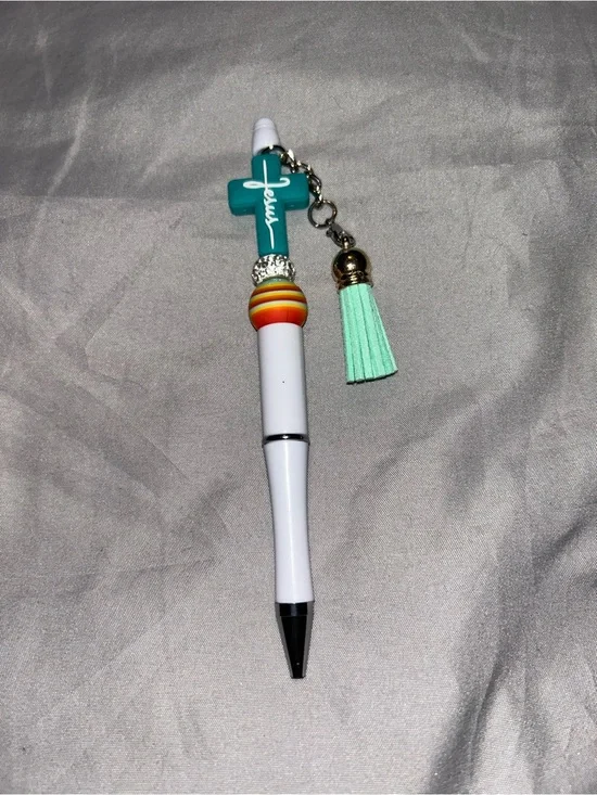 White Ballpoint Pen with Teal Cross Charm and Mint Tassel