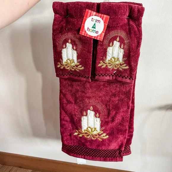 VTG New 90's Christmas‎ Decorative Towel Set Of 3 Burgundy Candles Kmart NOS
