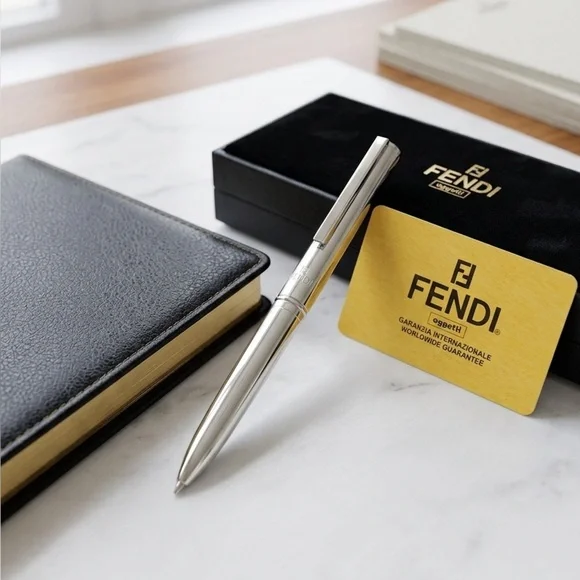 Fendi Stilista Silver Metal Logo Engraved Mini Pen Dual Ink 2-Color Cartridge