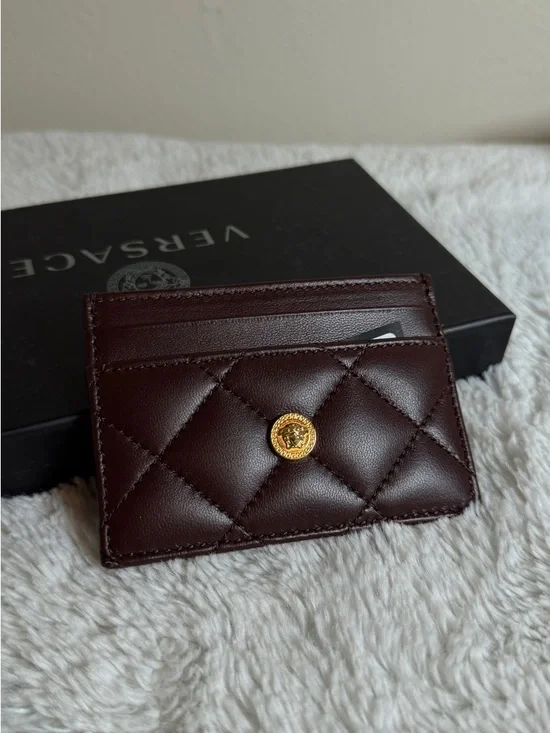 Versace Quilted Card Holder in Burgundy with Gold Medusa Button