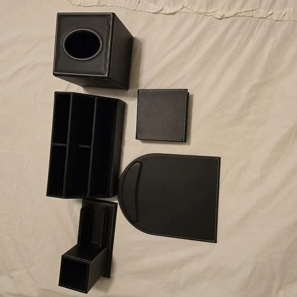 Black Leather Desk Organizer Set